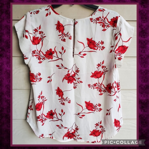 Lily White Bright Red Floral Pattern Keyhole Cut-out Boxy Business Casual Blouse - Picture 9 of 9